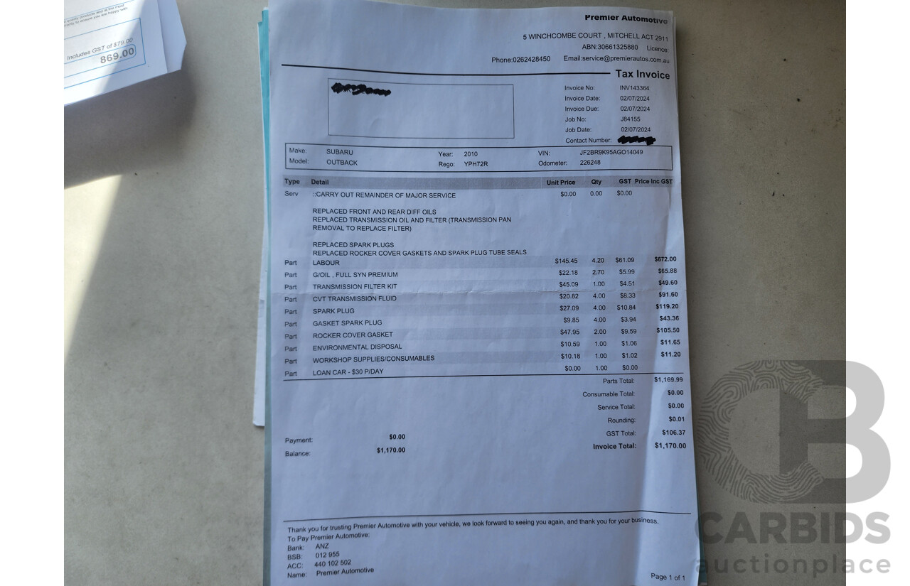 7/2010 Subaru Outback 2.5i MY10 4d Wagon White 2.5L