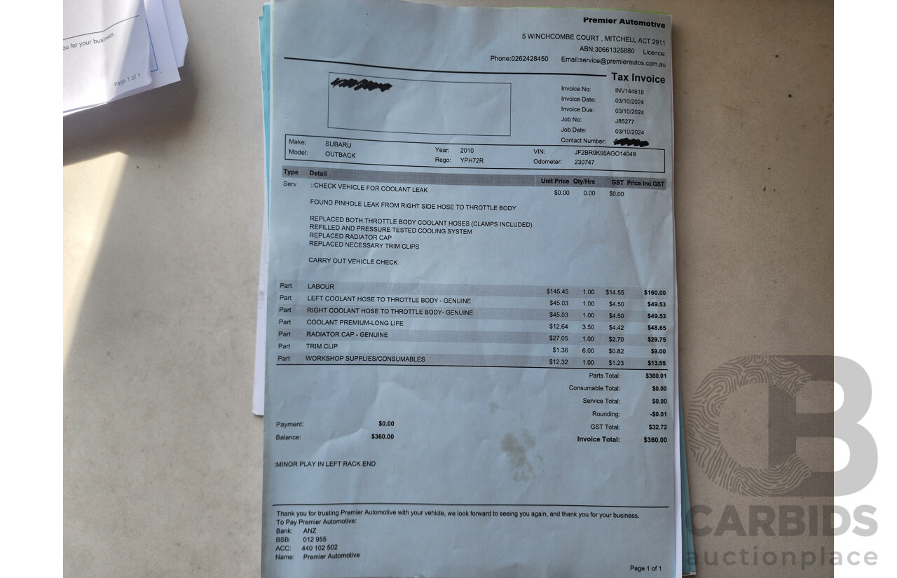 7/2010 Subaru Outback 2.5i MY10 4d Wagon White 2.5L