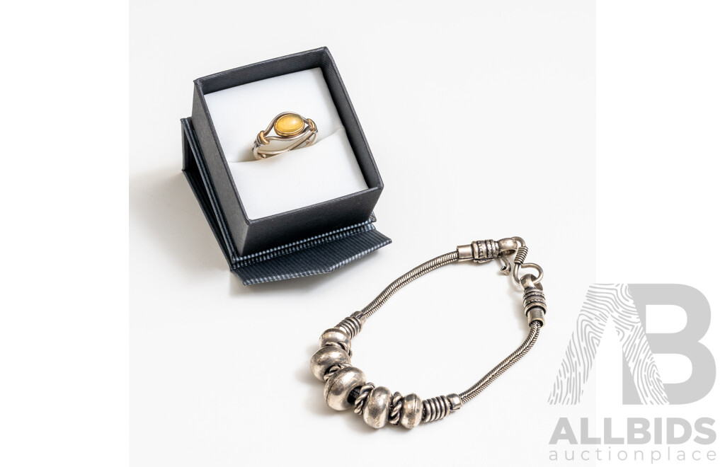 925/18ct Yellow Gold Opal Ring and Vintage Silver Tone Bracelet - Lot of 2