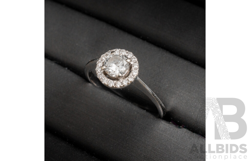 18ct White Gold Diamond Halo Engagement Ring - Size O