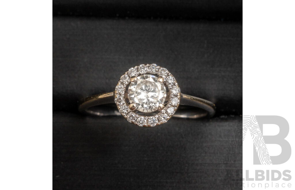 18ct White Gold Diamond Halo Engagement Ring - Size O