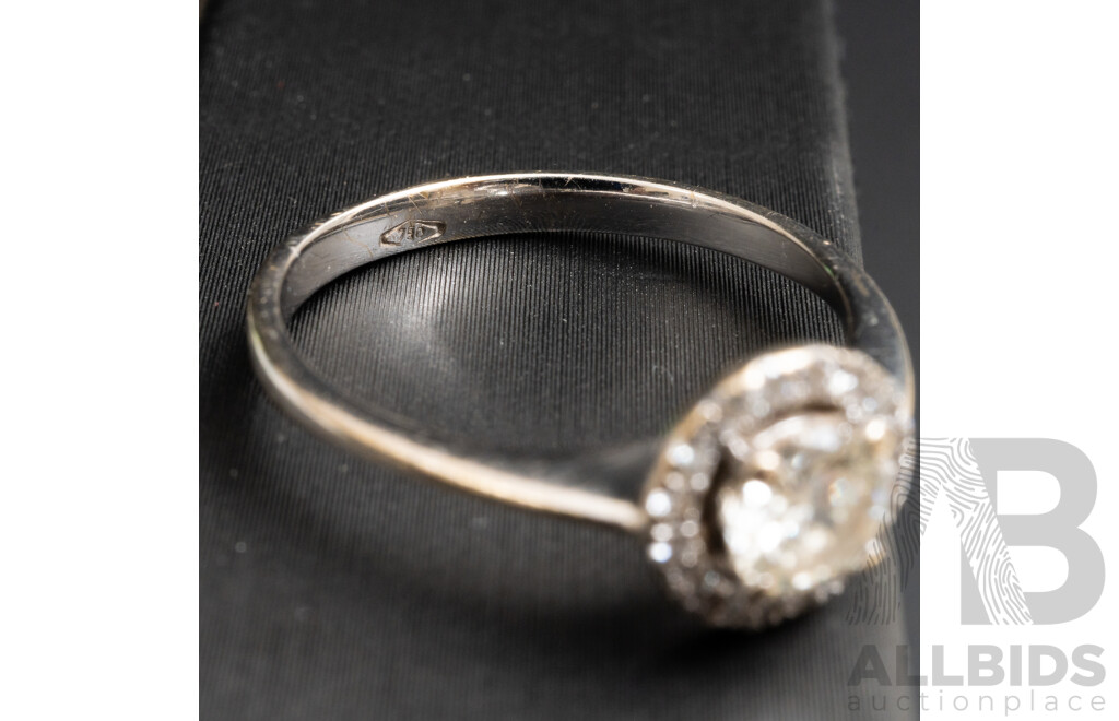 18ct White Gold Diamond Halo Engagement Ring - Size O