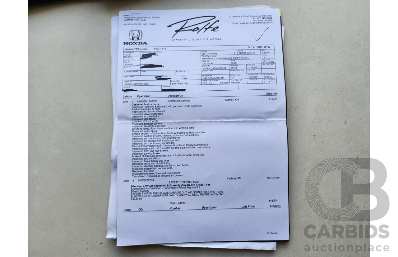 5/1998 Honda Civic CXi  3d Hatchback White 1.6L