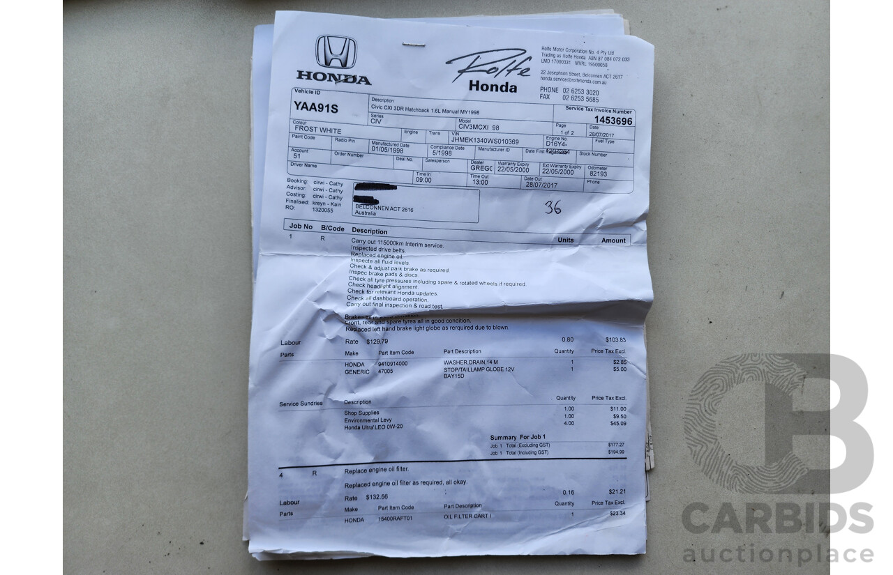 5/1998 Honda Civic CXi  3d Hatchback White 1.6L