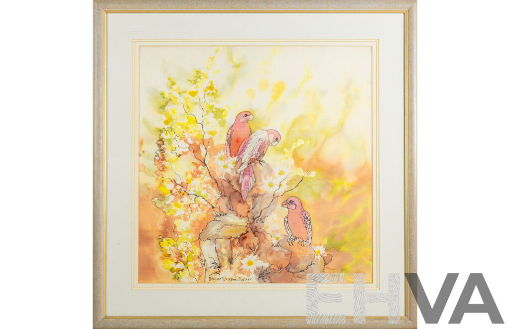 Diana Watson, (20th Century, Australian), Parrots, Original Watercolour on Silk Panel, 78 x 77 cm (frame)