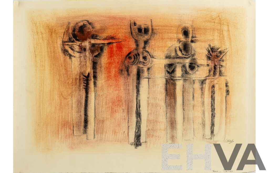Cecil Skotnes, (20th Century, South African, 1926-2009), Totems [Theme -Captives] (1968), Original Pastel on Paper, 60cm x 40cm (image)