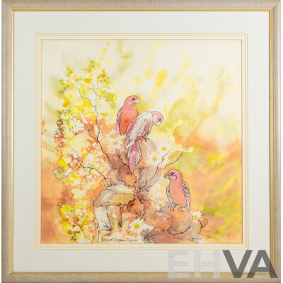 Diana Watson, (20th Century, Australian), Parrots, Original Watercolour on Silk Panel, 78 x 77 cm (frame)