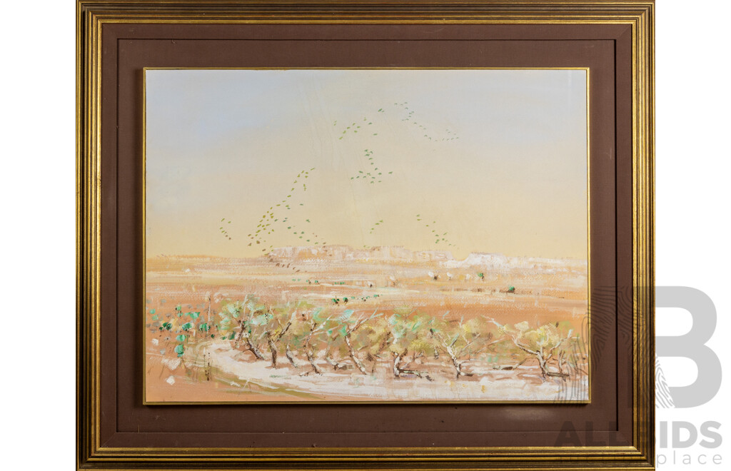 Clifton Pugh, Landscape with Birds, 1979, 55.5cm X 74cm Acrylic on Board