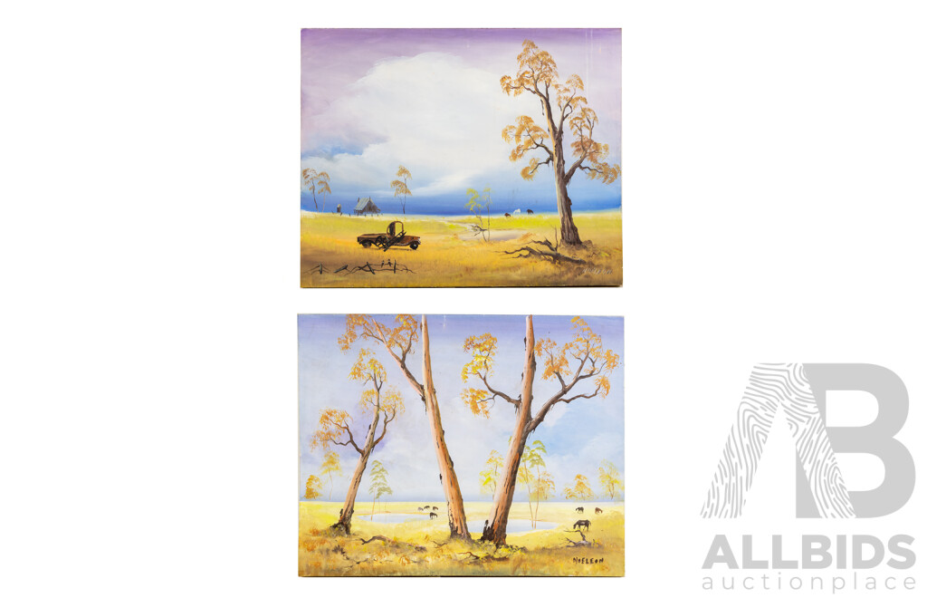 Noe Leon, (20th Century, Colombian, 1907-1979), Animals Grazing & Old Car and Shed,  Pair of Wonderful Complementary Vintage Oil on Canvases, 61 x 76^ Cm (2)