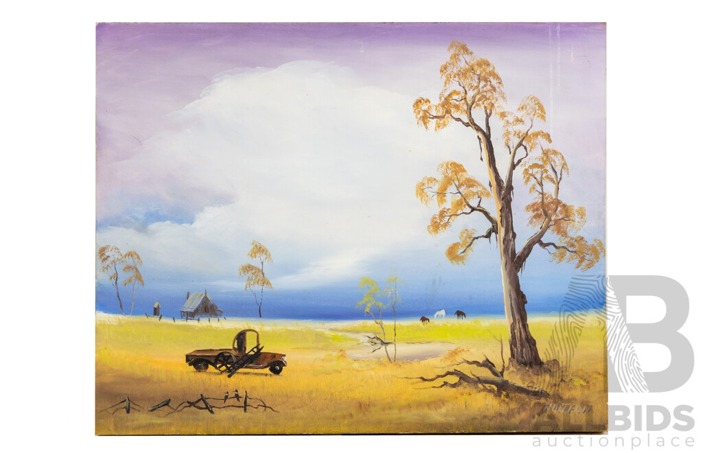 Noe Leon, (20th Century, Colombian, 1907-1979), Animals Grazing & Old Car and Shed,  Pair of Wonderful Complementary Vintage Oil on Canvases, 61 x 76^ Cm (2)