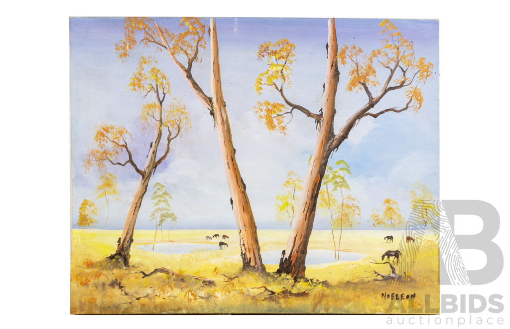 Noe Leon, (20th Century, Colombian, 1907-1979), Animals Grazing & Old Car and Shed,  Pair of Wonderful Complementary Vintage Oil on Canvases, 61 x 76^ Cm (2)