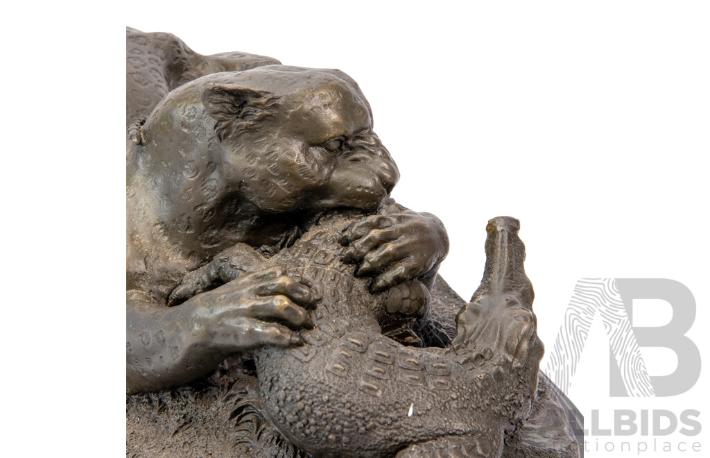 Antoine Louis Barye, Cheetah and Alligator, Large Cast Bronze Sculpture, Signed, on Marble Plinth