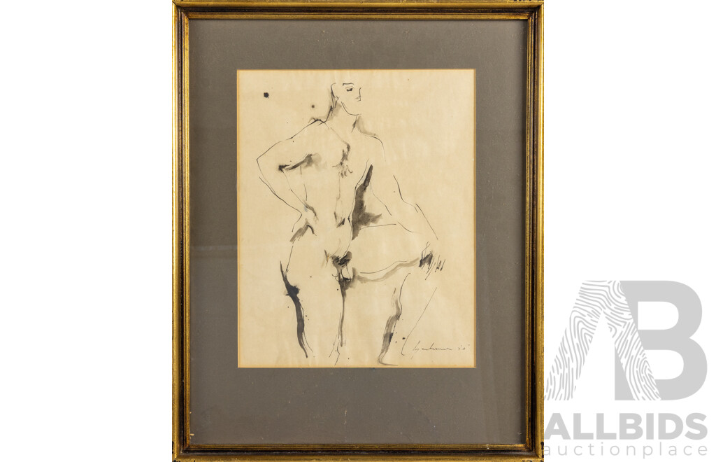 Francis Lymburner, Male Nude, 1950, Ink and Wash