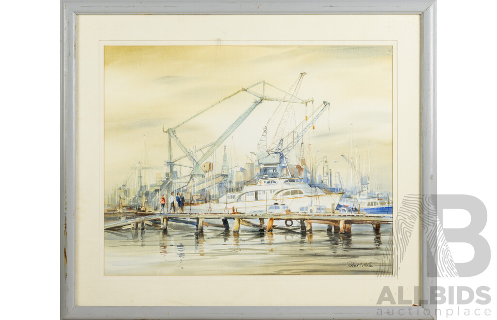 Robert T. Miller, the Busy Pier, 43cm X 54cm, Watercolour, Signed Lower Right