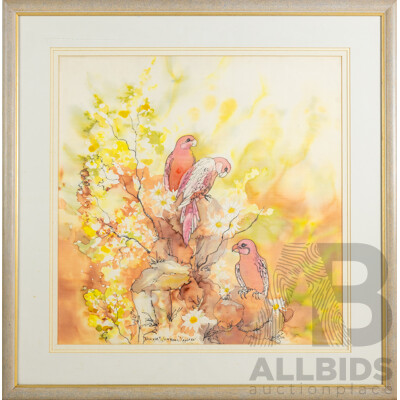 Diana Watson, (20th Century, Australian), Parrots, Original Watercolour on Silk Panel, 78 x 77 cm (frame)