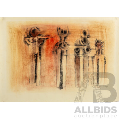 Cecil Skotnes, (20th Century, South African, 1926-2009), Totems [Theme -Captives] (1968), Original Pastel on Paper, 60cm x 40cm (image)