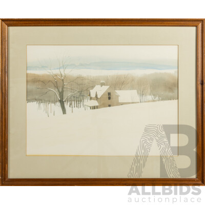 Xavier Ironside, (20th Century, American, Home in Winter (1981), Wonderful Original Watercolour, 52 6x 64 cm (frame)