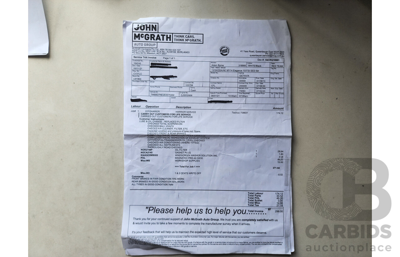 1/2014 Skoda Octavia 132 TSI Elegance NE 5d Hatchback White 1.8L