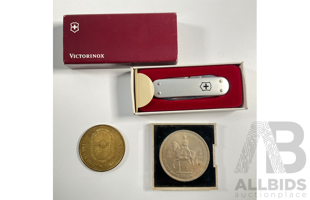 United Kingdom1953 Five Shillings, QE2 Coronation, 1955-1956 Clifford Park Jamboree Coin, Lockheed Aeronautical Systems Company Victorinox Swiss Army Knife