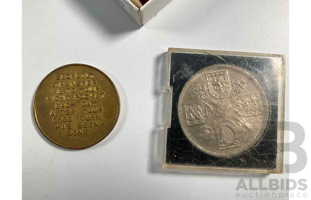 United Kingdom1953 Five Shillings, QE2 Coronation, 1955-1956 Clifford Park Jamboree Coin, Lockheed Aeronautical Systems Company Victorinox Swiss Army Knife