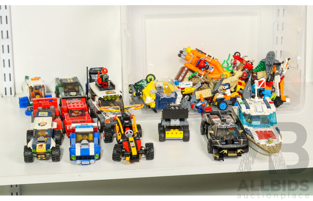 Collection Lego Cars, Bikes, Boat and Plane with Figures and Scenery Items Including Fish, Animals, Trees