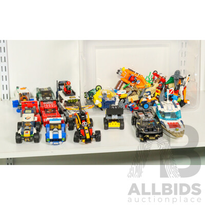 Collection Lego Cars, Bikes, Boat and Plane with Figures and Scenery Items Including Fish, Animals, Trees