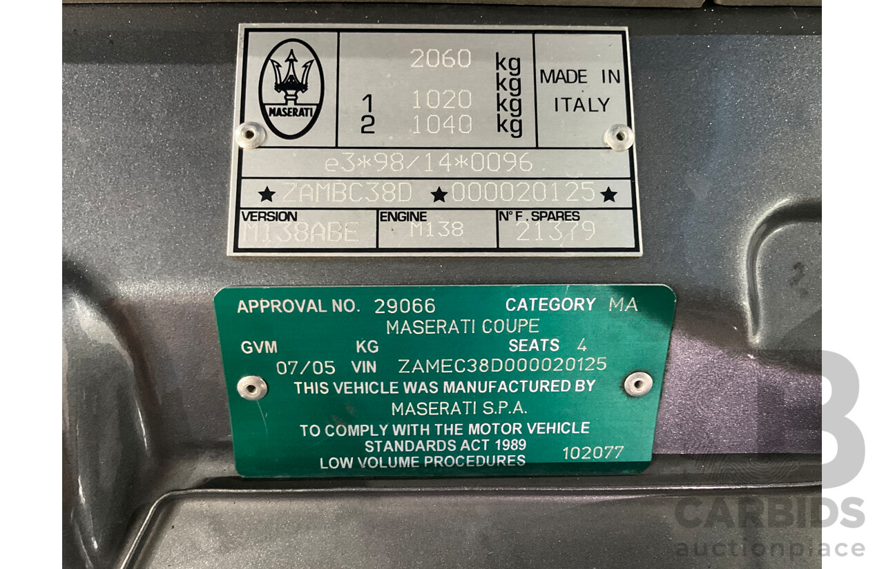 7/2005 Maserati Coupe Cambiocorsa 2d Coupe Grigio Alfieri Metallic Grey V8 4.2L