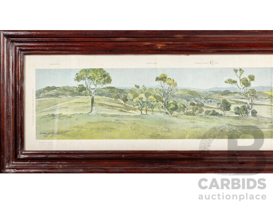 Robert Charles Coulter, (19/20th Centuries, Australian, 1864-1956), Cycloramic View of Canberra Capital Site (View Looking From Camp Hill) (c1911), Wonderful Antique Coloured Lithograph, 34H x 233W cm (frame)