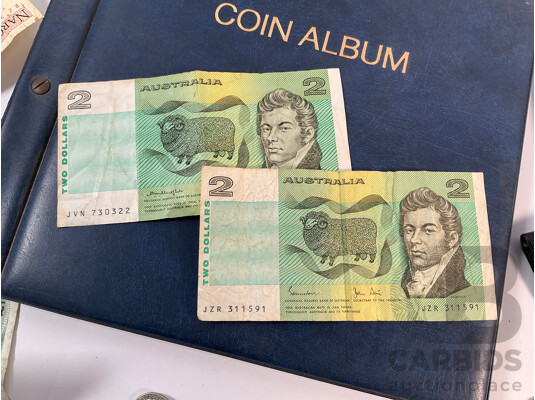 Collection of International Coins and Notes Including Two Australian Two Dollar Notes 1979 Knight/Stone, 1983 Johnston/Stone, Coin Album of USA, Singapore, Germany, Philippines, Fiji, Assortment of Coins - Approximately 1.3 Kilograms