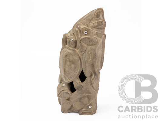 Large Heavily Carved School of Fish with Sea Turtle Totem