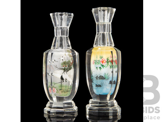 Pair of Chinese Glass Candle Sticks with Painted Landscape Interior