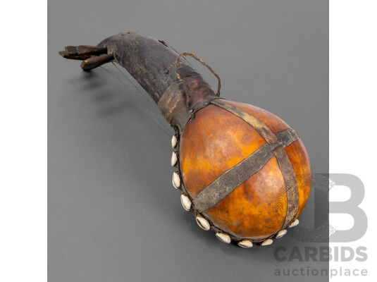 Vintage African Gourd Stringed Instrument with Horn and Seashell Detail