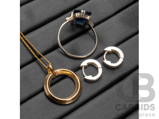 925 Sterling Silver Ring & Earrings, Gold Tone Necklace & Cubic Zirconia Pendant - Lot of 3