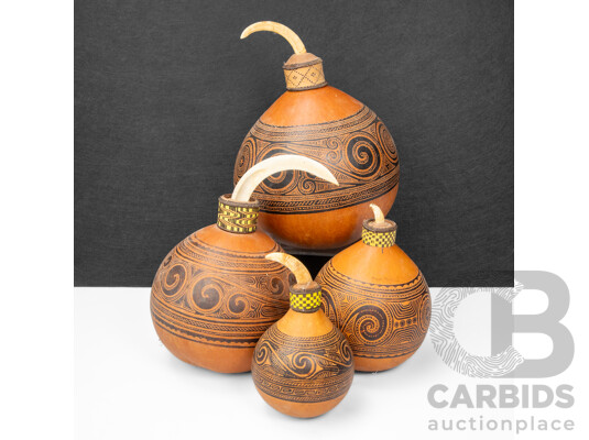 Collection of Four Graduated Massim Lime Beetle Gourds with Tusk Fitted Tips