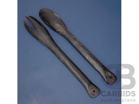 Pair of Vintage Mango Wood Salad Severs with Mother of Pearl Inlay