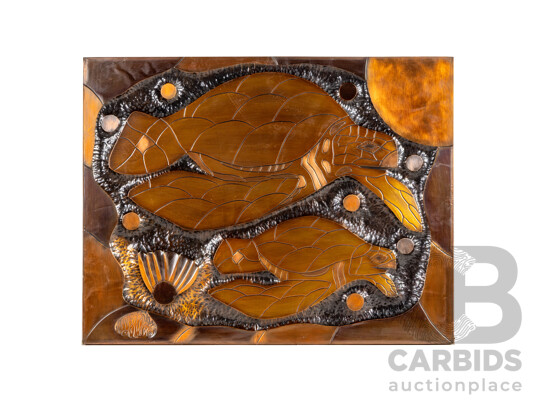 Tony Batten [Copa Guy] (Australian), Fish & Sea Turtles, Pair of Hand-Beaten Copper Relief Wall Panels, 54H × 69W cm (2)