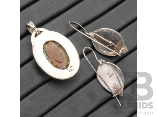 Vintage 925 Sterling Silver & Turquoise Earrings & Pendant Set - 19.92gms
