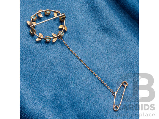 Vintage 9ct Yellow Gold Pearl & Synthetic Turquoise Wreath Brooch - 2.53gms