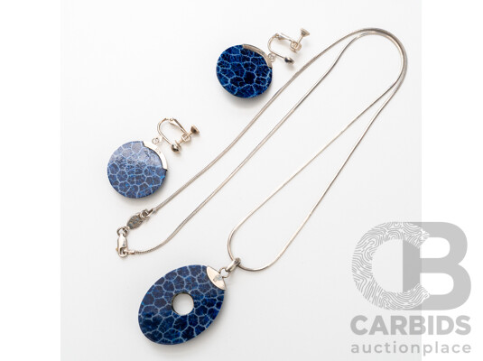 925 Sterling Silver Necklace, Earrings & Pendant Set with Blue Craquelure Style Enamel