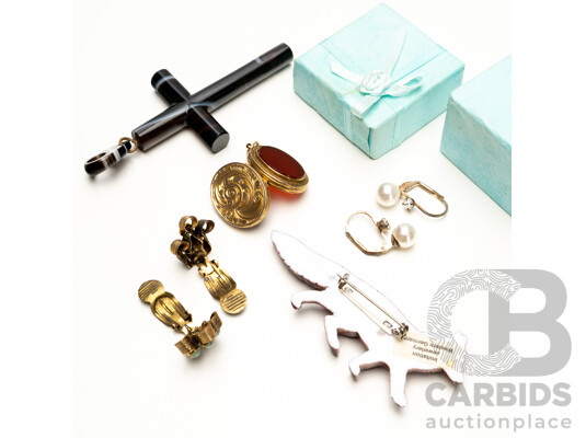 Collection of Jewellery, Earrings, Cross, Locket & Brooch - Lot of 5