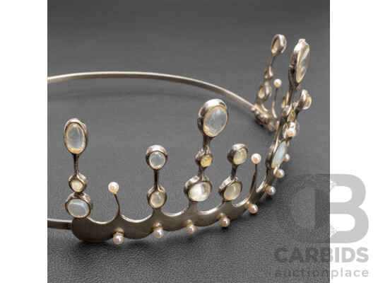 Handmade 925 Sterling Silver, Moonstone & Pearl Tiara by John Nadas - 54g