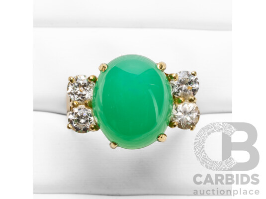Vintage 14ct Yellow Gold Jadeite & White Topaz Ring - Size R