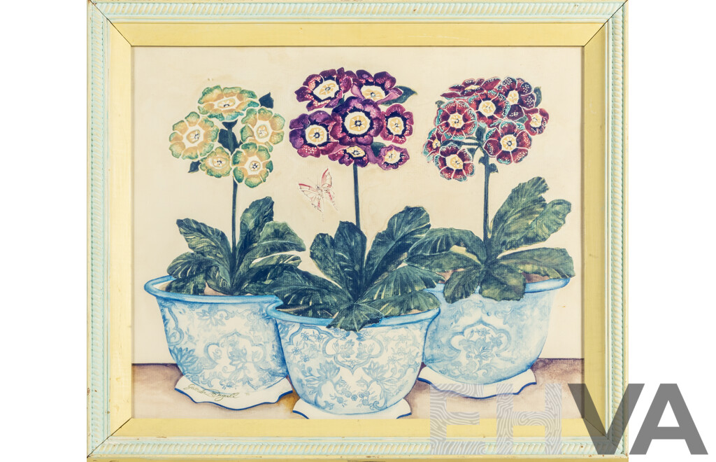 Gwenda McDougall (20th Century, Australian, 1937-), Auricula Indigo and Chinoiserie, Quality Reproduction Colour Print, 44H x 52W cm (frame)