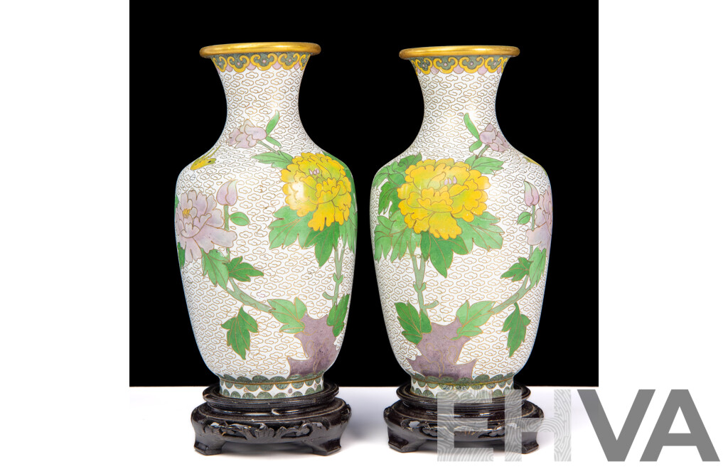 Pair of White Vintage Chinese Cloisonné Enamel Vases with Display Stands