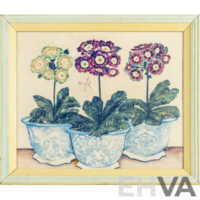 Gwenda McDougall (20th Century, Australian, 1937-), Auricula Indigo and Chinoiserie, Quality Reproduction Colour Print, 44H x 52W cm (frame)