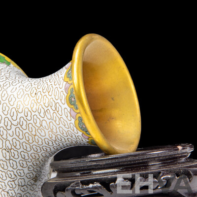 Pair of White Vintage Chinese Cloisonné Enamel Vases with Display Stands