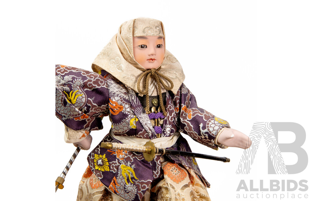 Japanese Musha Ningyo Warrior Doll on Wooden Display Base