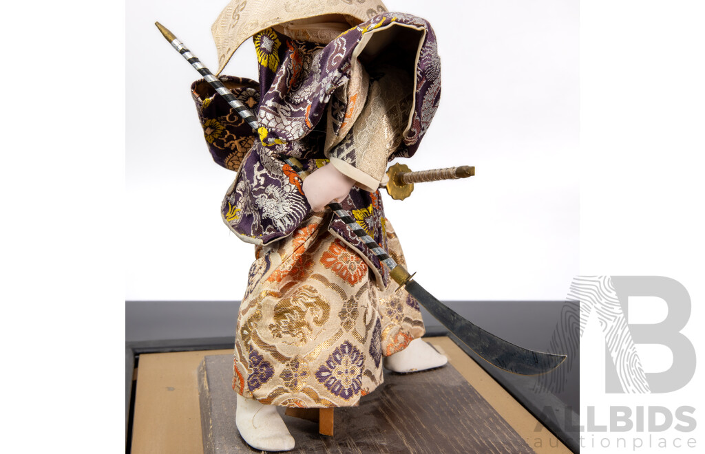 Japanese Musha Ningyo Warrior Doll on Wooden Display Base