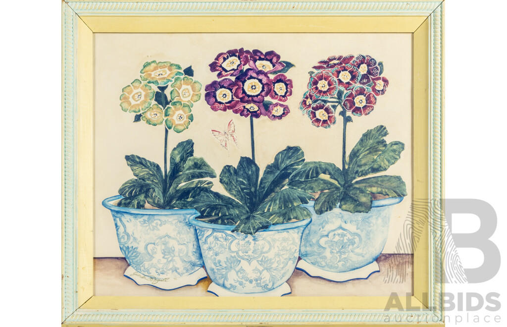 Gwenda McDougall (20th Century, Australian, 1937-), Auricula Indigo and Chinoiserie, Quality Reproduction Colour Print, 44H x 52W cm (frame)