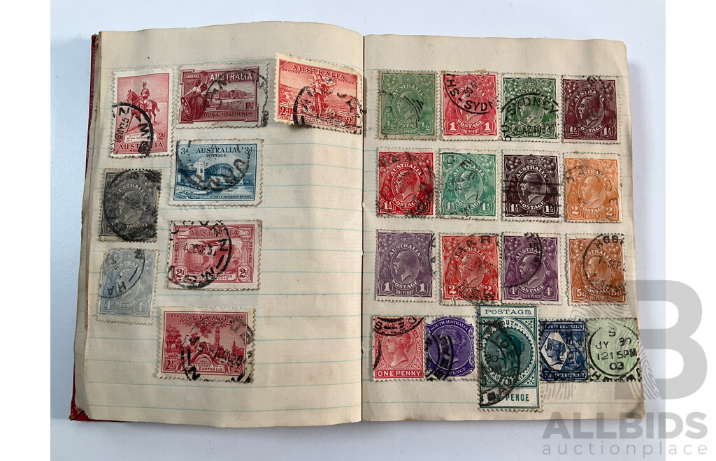Collection of Vintage Stamp Albums Including Australian Predecimal, 1900's, QV, KGV, United Kingdom Penny Red, USA, Germany, France, Italy, Japan, China, Russia and More